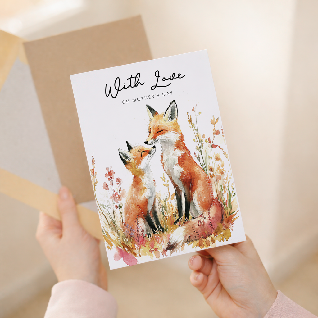 Mother's Day card featuring a cute fox illustration with floral accents for a wildlife lover.