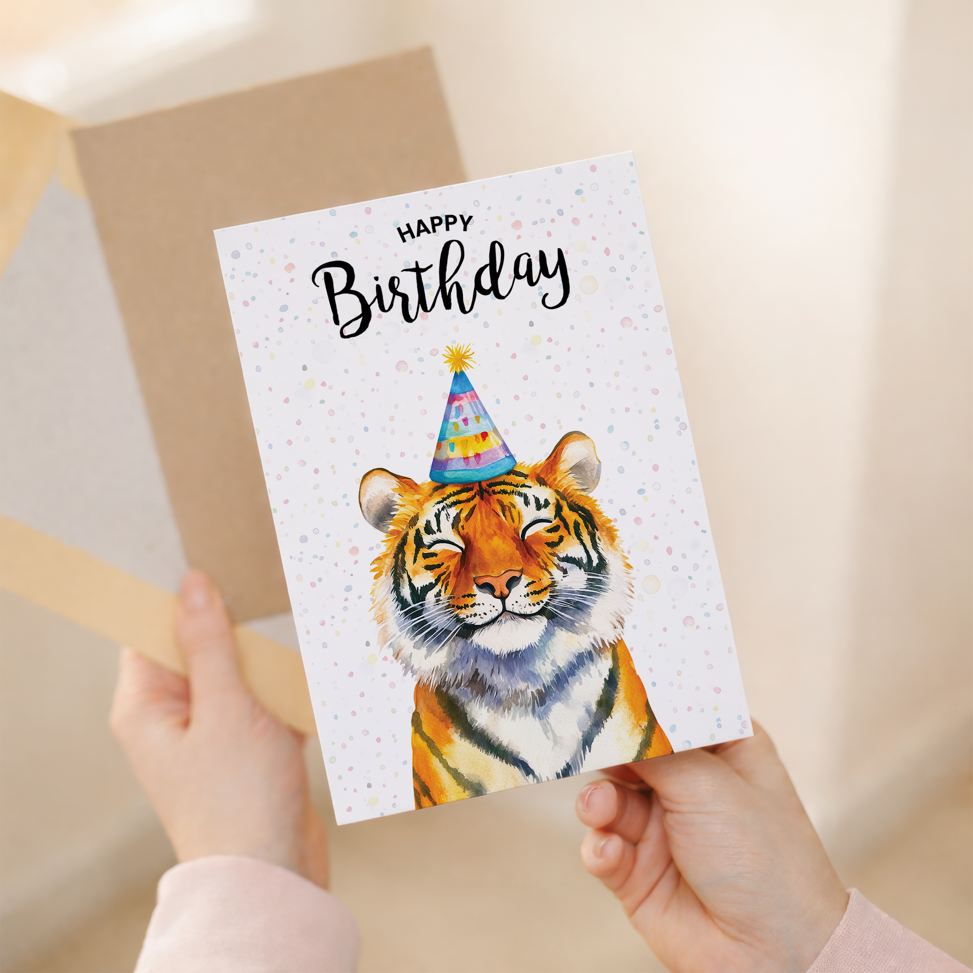 A vibrant watercolor illustration of a tiger's face on a white greeting card with modern, artistic detailing.