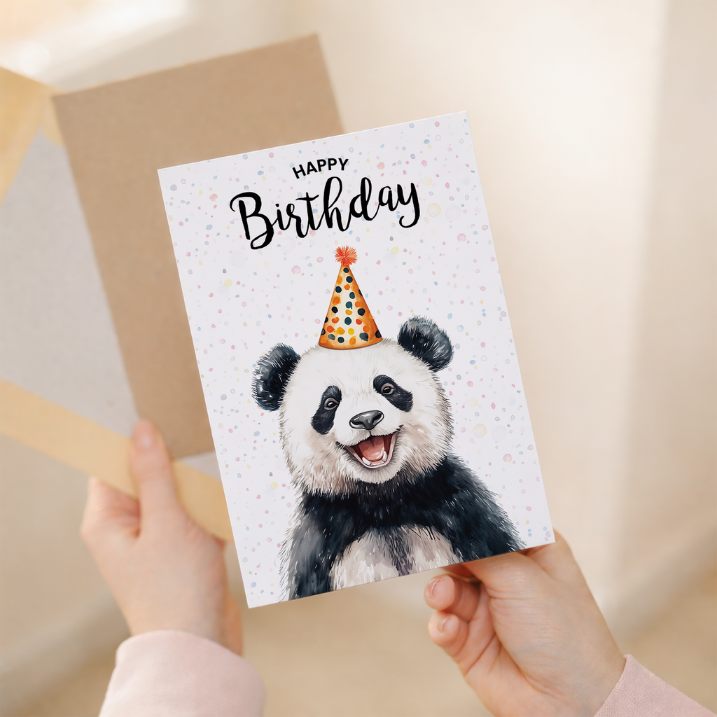 A charming watercolor illustration of a panda sitting and holding a bamboo stalk on a clean white 5x7 birthday card.