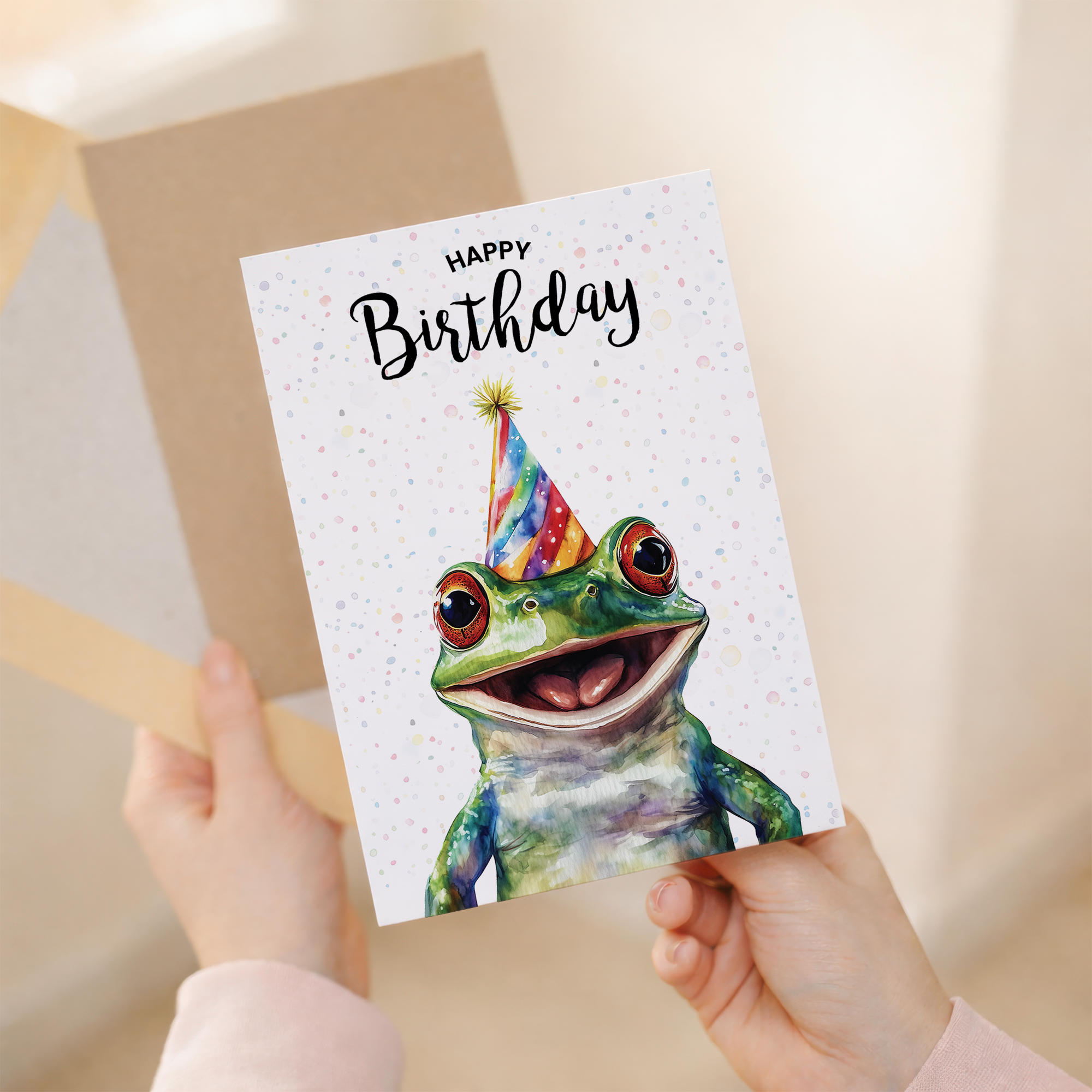 A watercolor illustration of a cute green frog on a white birthday card.