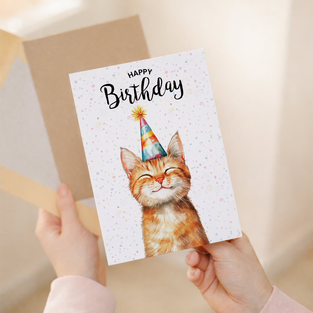 A birthday card featuring a watercolour illustration of a ginger cat on a white background.