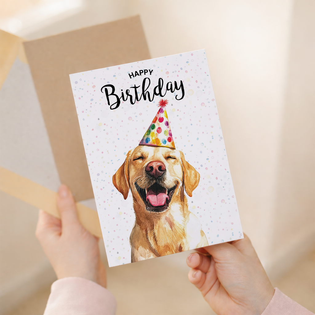 A vibrant watercolour illustration of a friendly Golden Labrador retriever on a white greeting card.