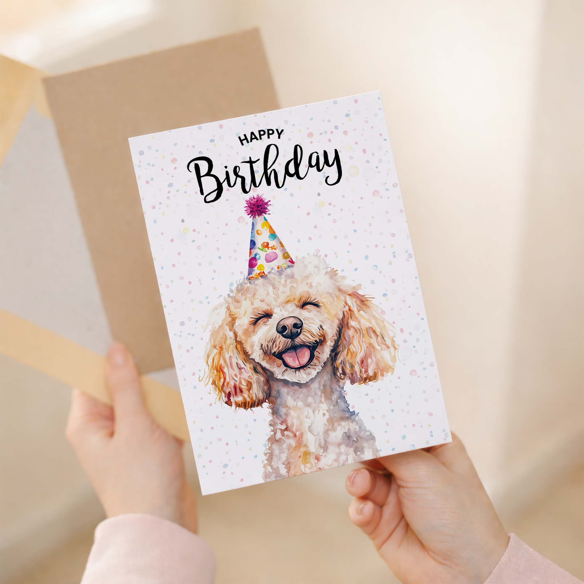 A watercolour poodle dog illustration on a birthday greeting card.