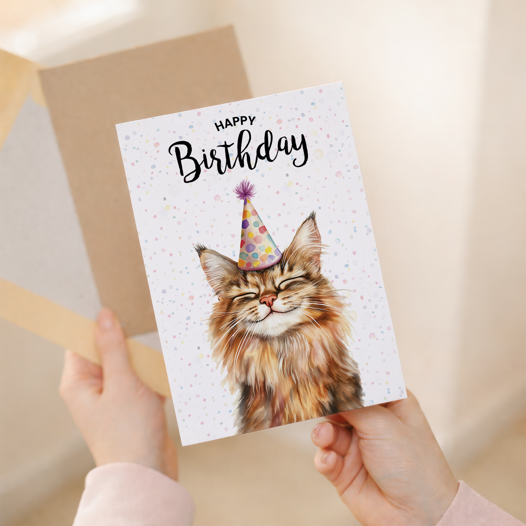 Watercolor illustration of a Maine Coon cat on a 5x7 birthday card for him or her.