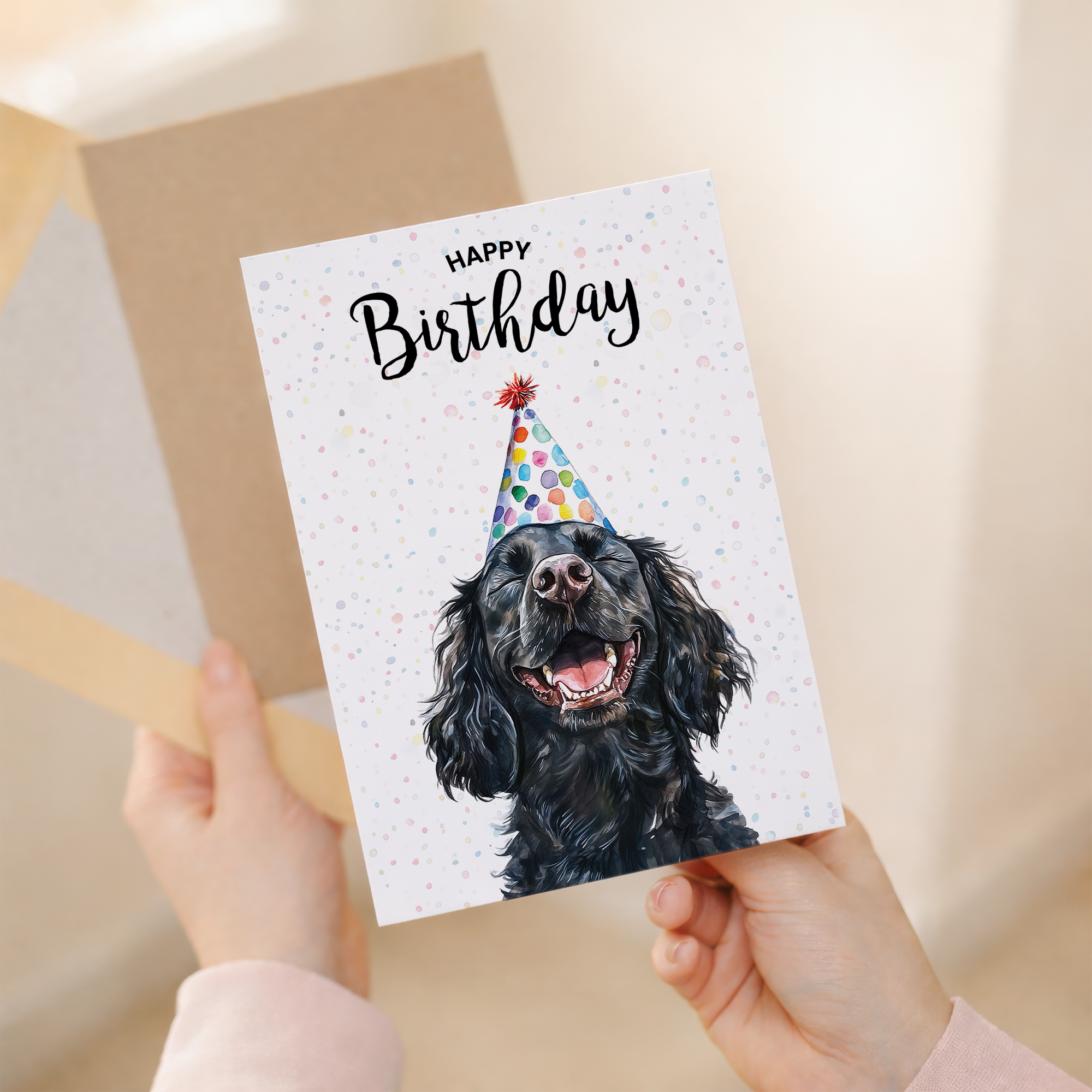 A watercolor illustration of a Cocker Spaniel dog on a birthday greeting card.