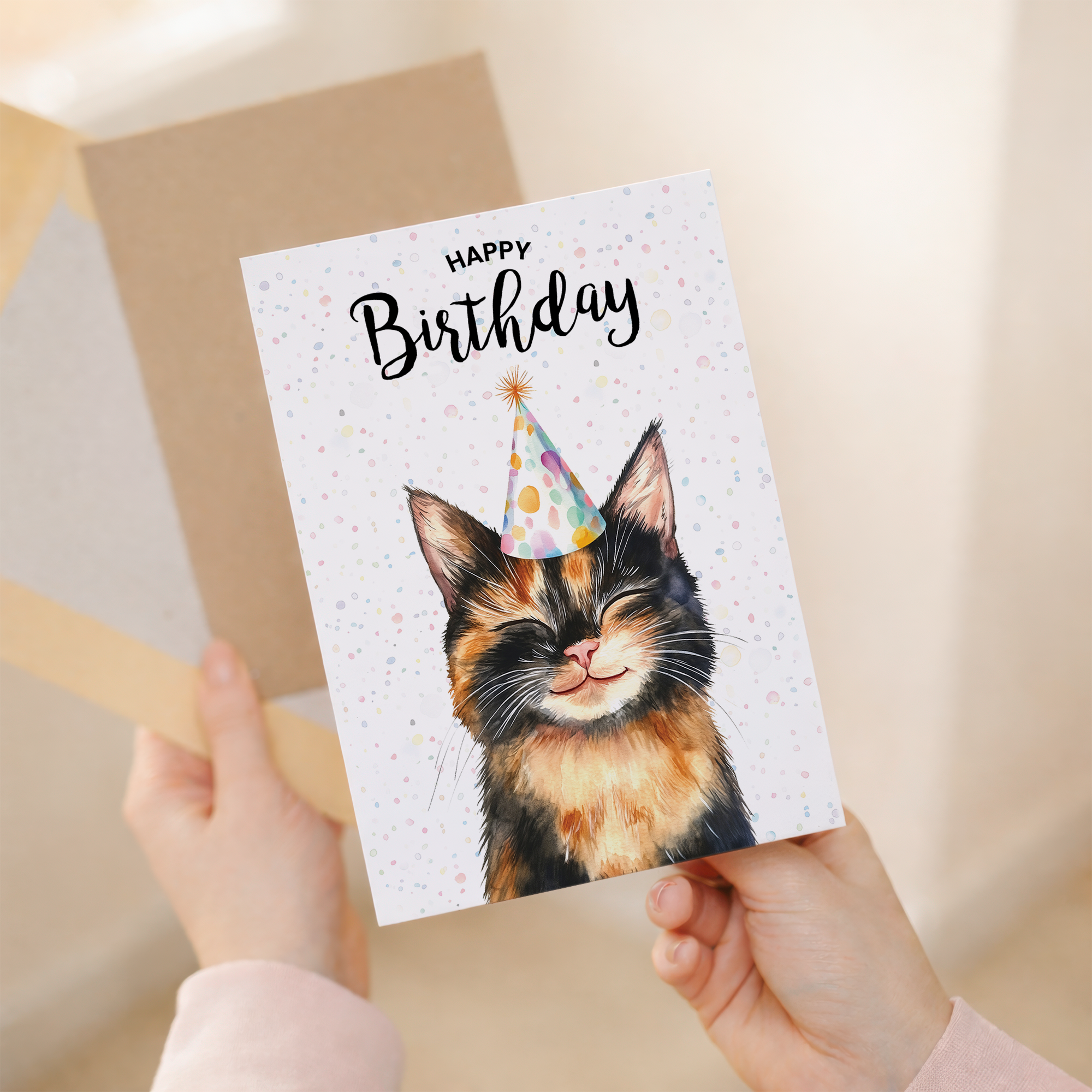 Charming watercolor illustration of a tortoiseshell cat on a 5x7 birthday card, featuring a mix of black, orange, and brown fur patches.