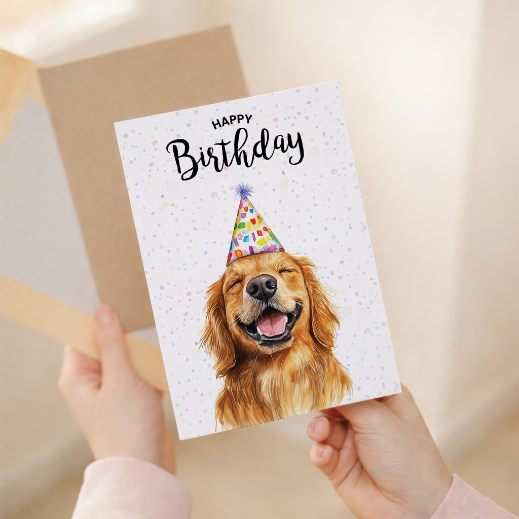 Watercolor illustration of a Golden Retriever dog on a birthday greeting card.