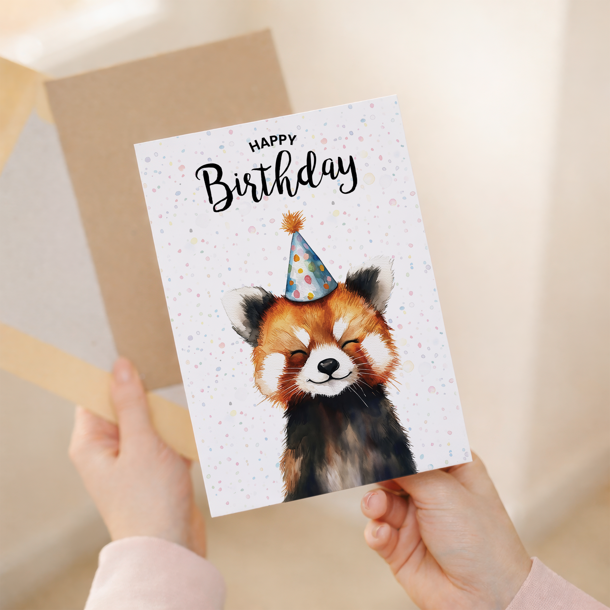 A vibrant watercolor illustration of a cute red panda wearing a colorful party hat on a high-quality greeting card.