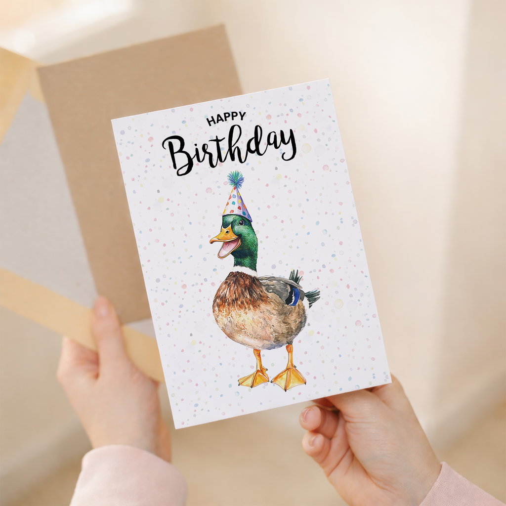 A watercolor illustration of a charming duck on a 5x7 birthday card, suitable for anyone.