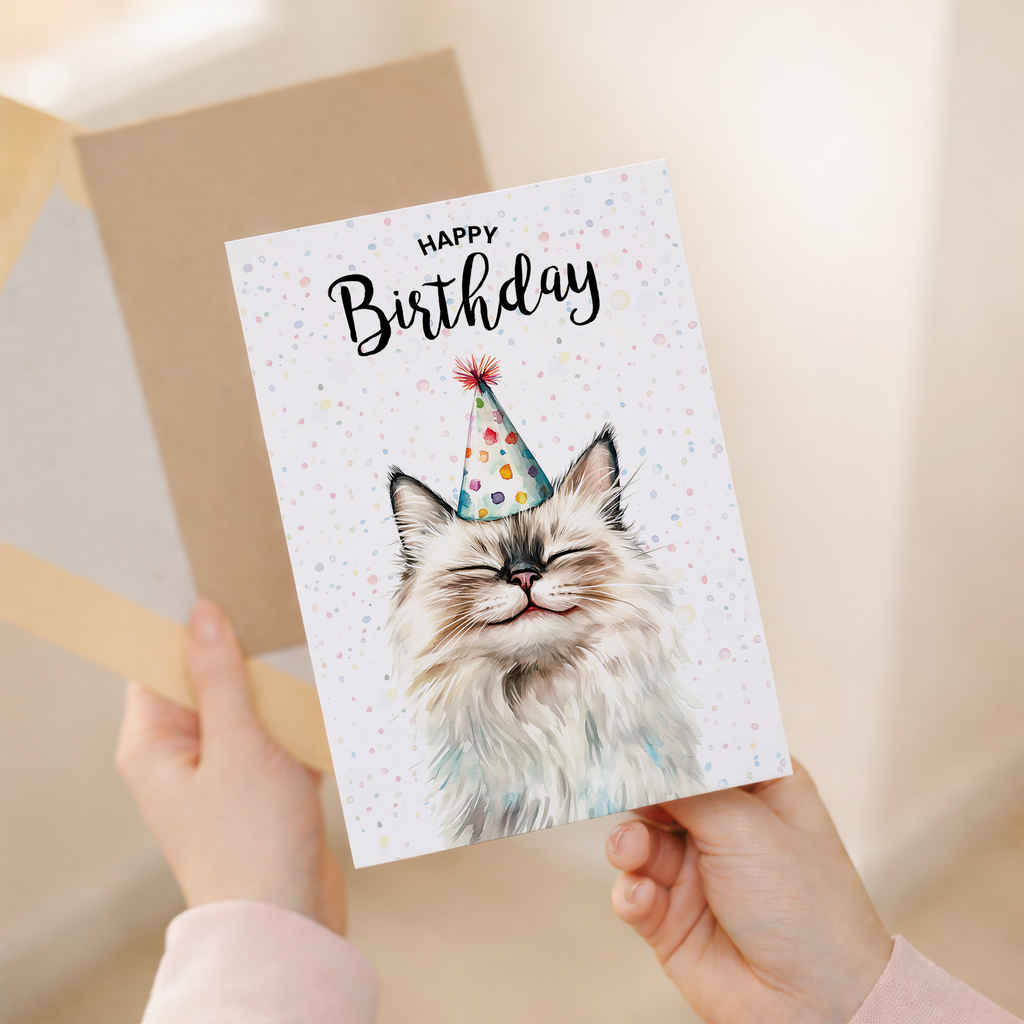 Watercolor illustration of a Ragdoll cat on a modern birthday greeting card.