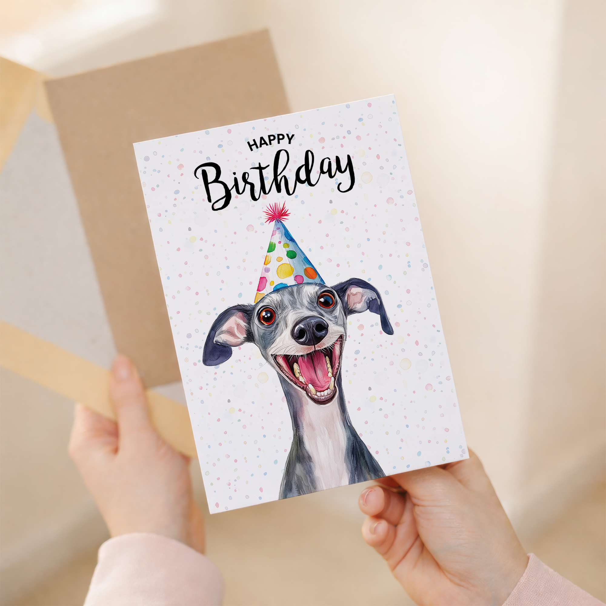 Watercolor illustration of a whippet dog on a birthday greeting card.