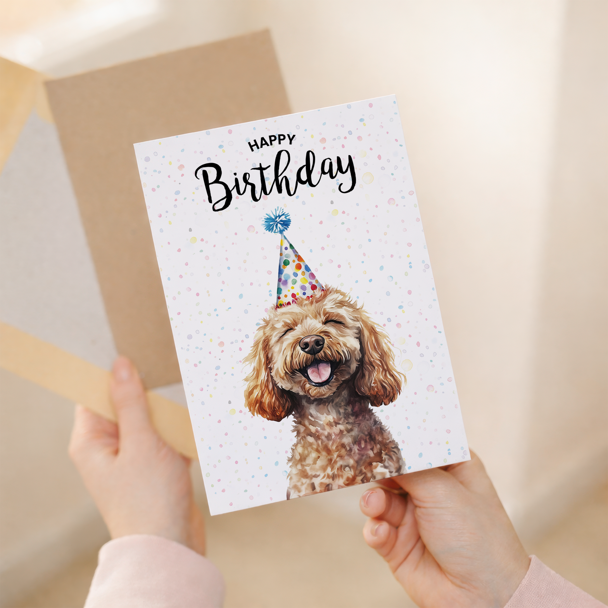 A watercolour illustration of a cute Cockerpoo dog on a birthday card for him or her.