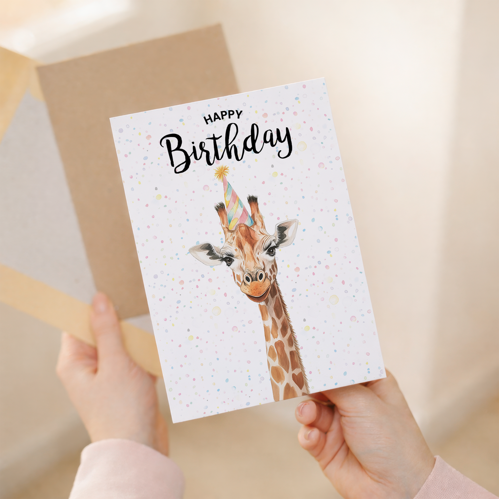 Watercolour illustration of a giraffe on a birthday greeting card.