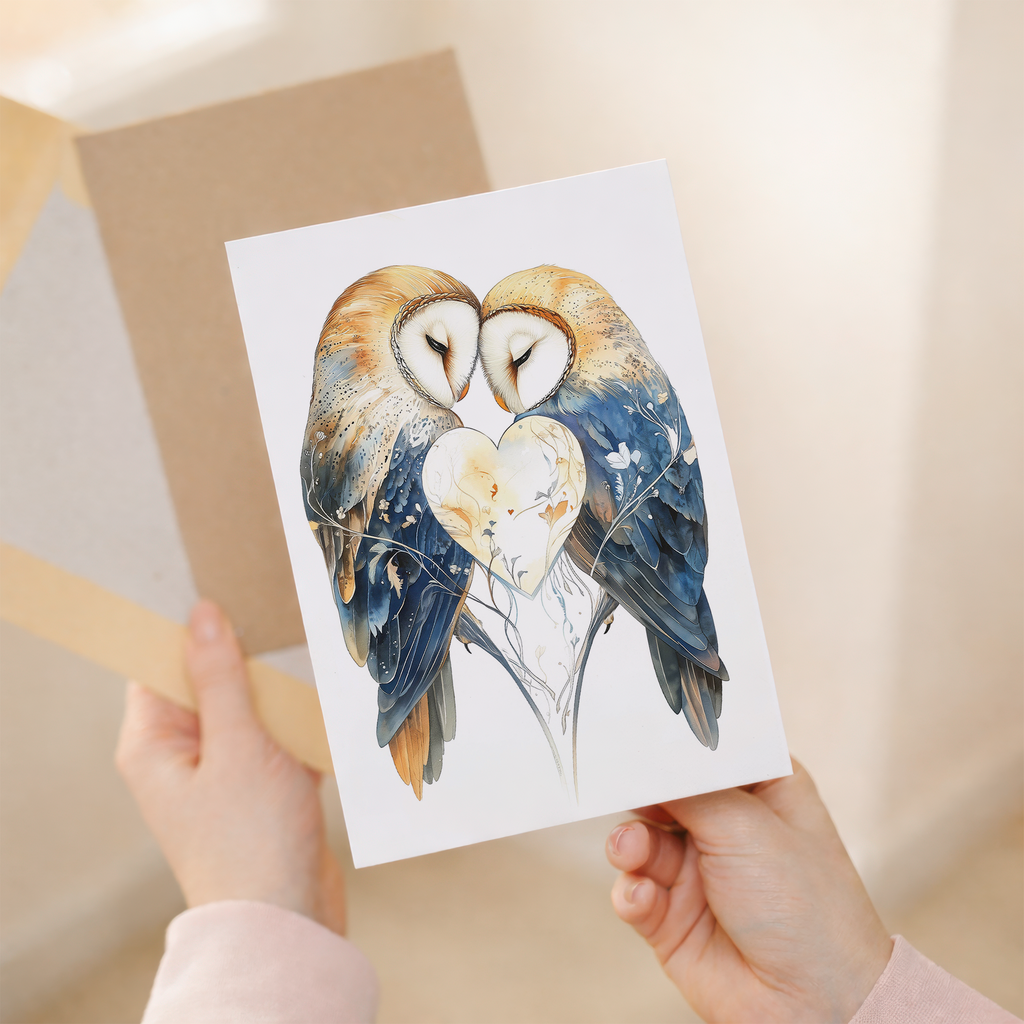 Illustrated anniversary greeting card featuring two cute brown owls sitting together on a branch, surrounded by a romantic blue and beige background with a white heart.