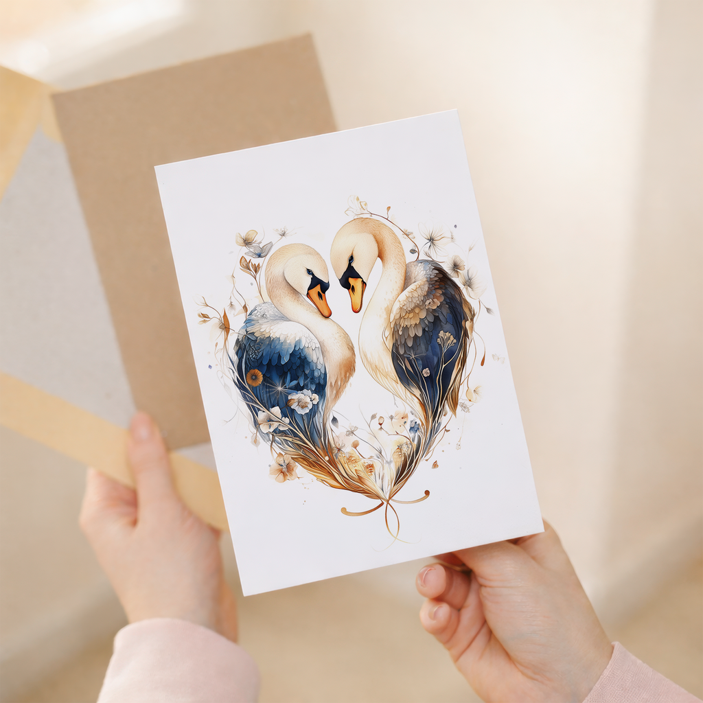 Anniversary card featuring an elegant illustration of two swans facing each other on a blue and beige background.