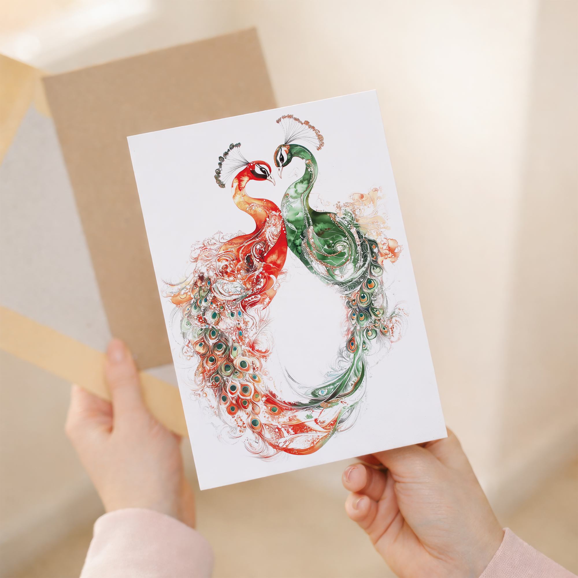 Intricate peacock illustration with vibrant green and blue feathers on a cream background for an anniversary greeting card.
