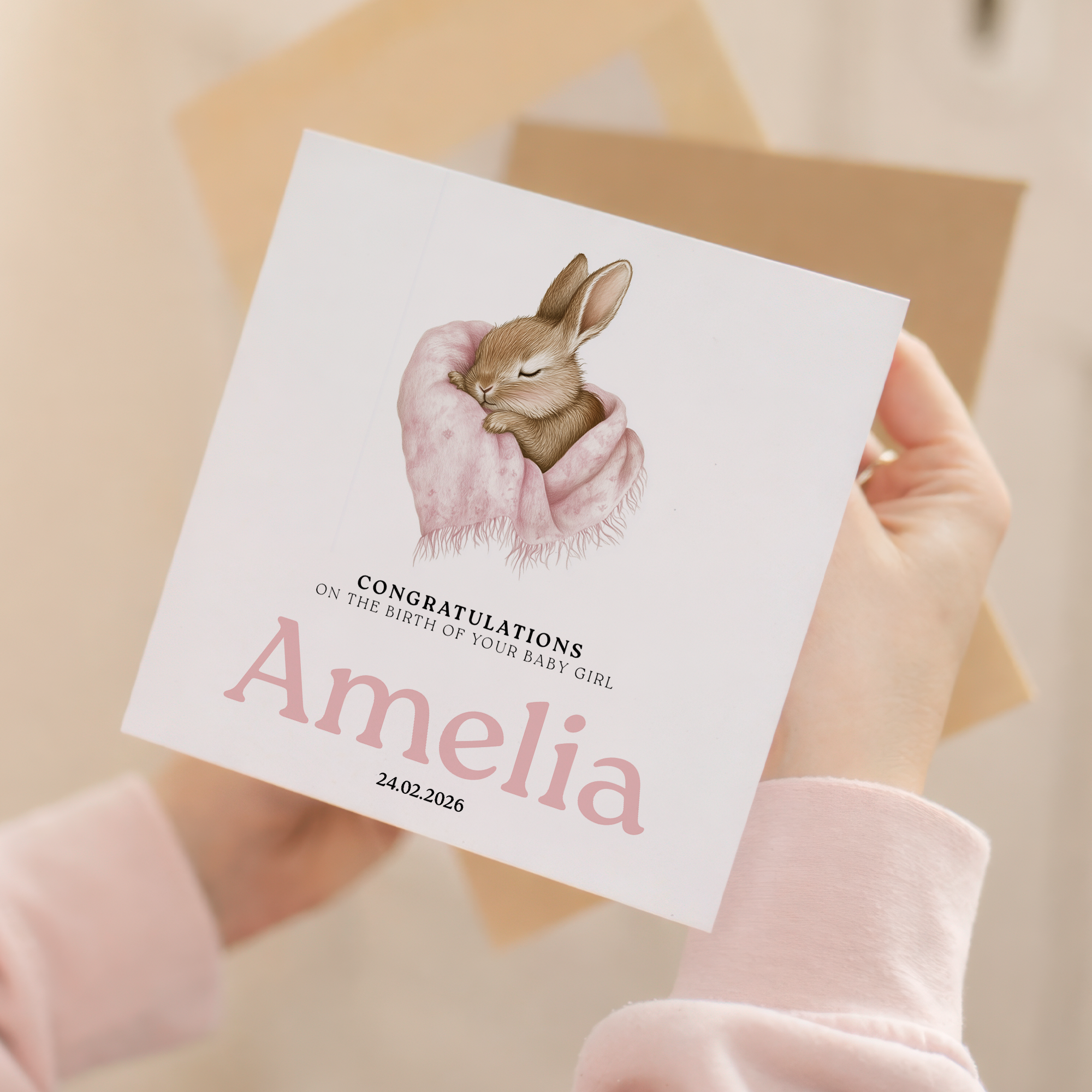 Personalised Baby Girl Card – Eco Friendly New Baby Keepsake with Bunny – UK Birth Gift