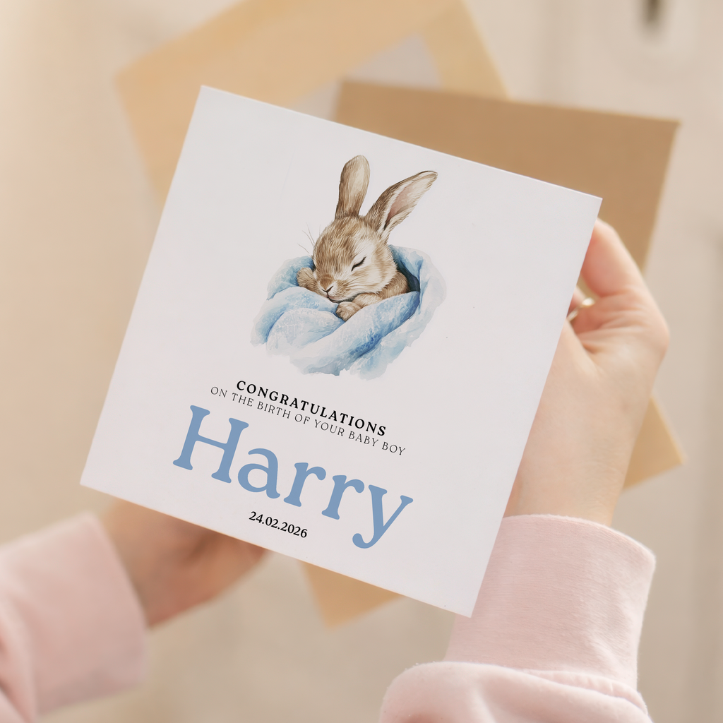 Personalised Baby Boy Card – Eco Friendly New Baby Keepsake with Bunny