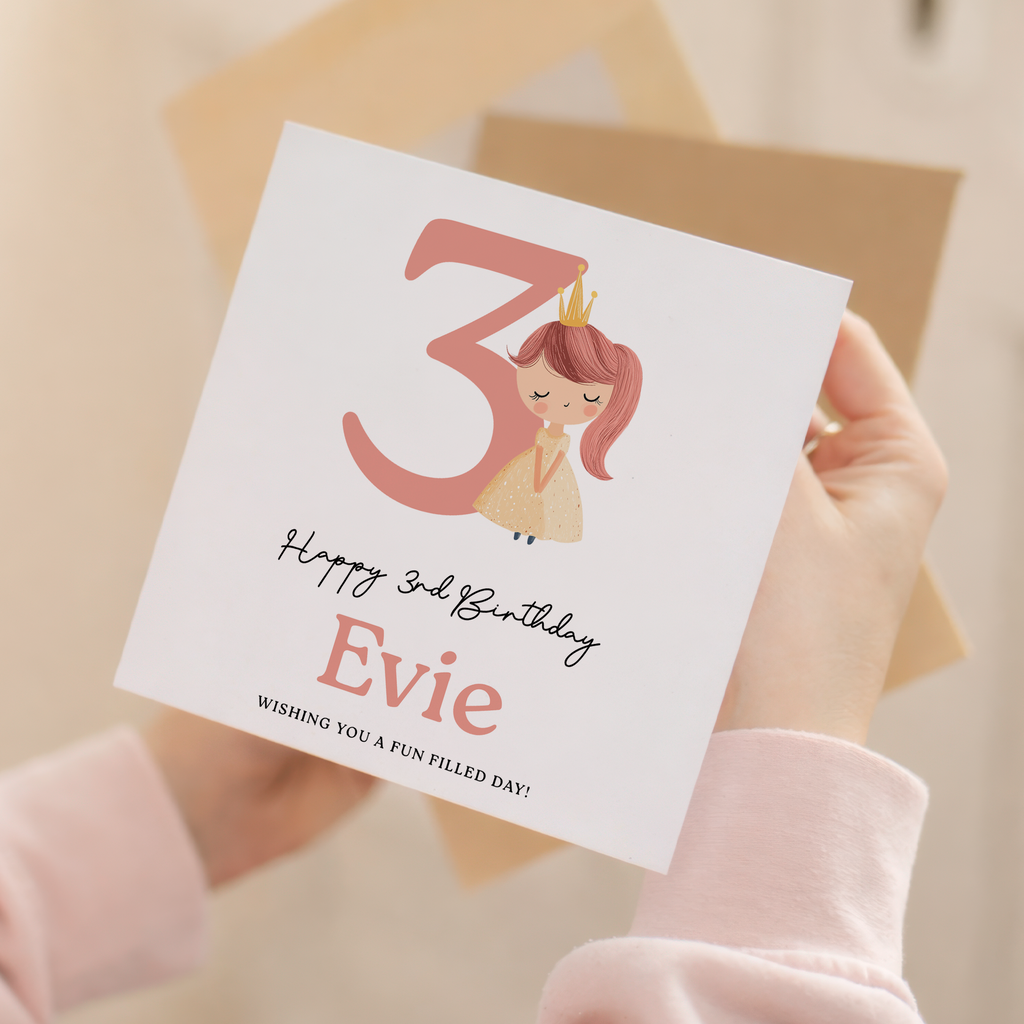 Personalised Princess Birthday Card for Girls Ages 3 4 5 6 – Cute Pink Princess Kids Birthday Card, Fun Party Card