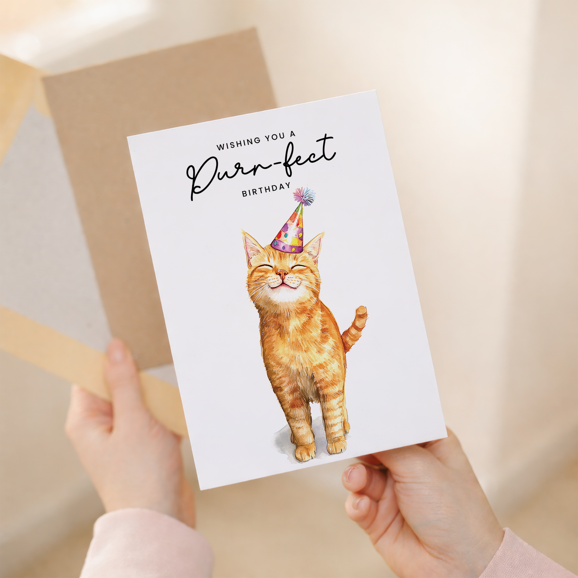 Orange Tabby Cat Birthday Card featuring a cute ginger cat wearing a colorful party hat with the text Purr-fect Birthday.