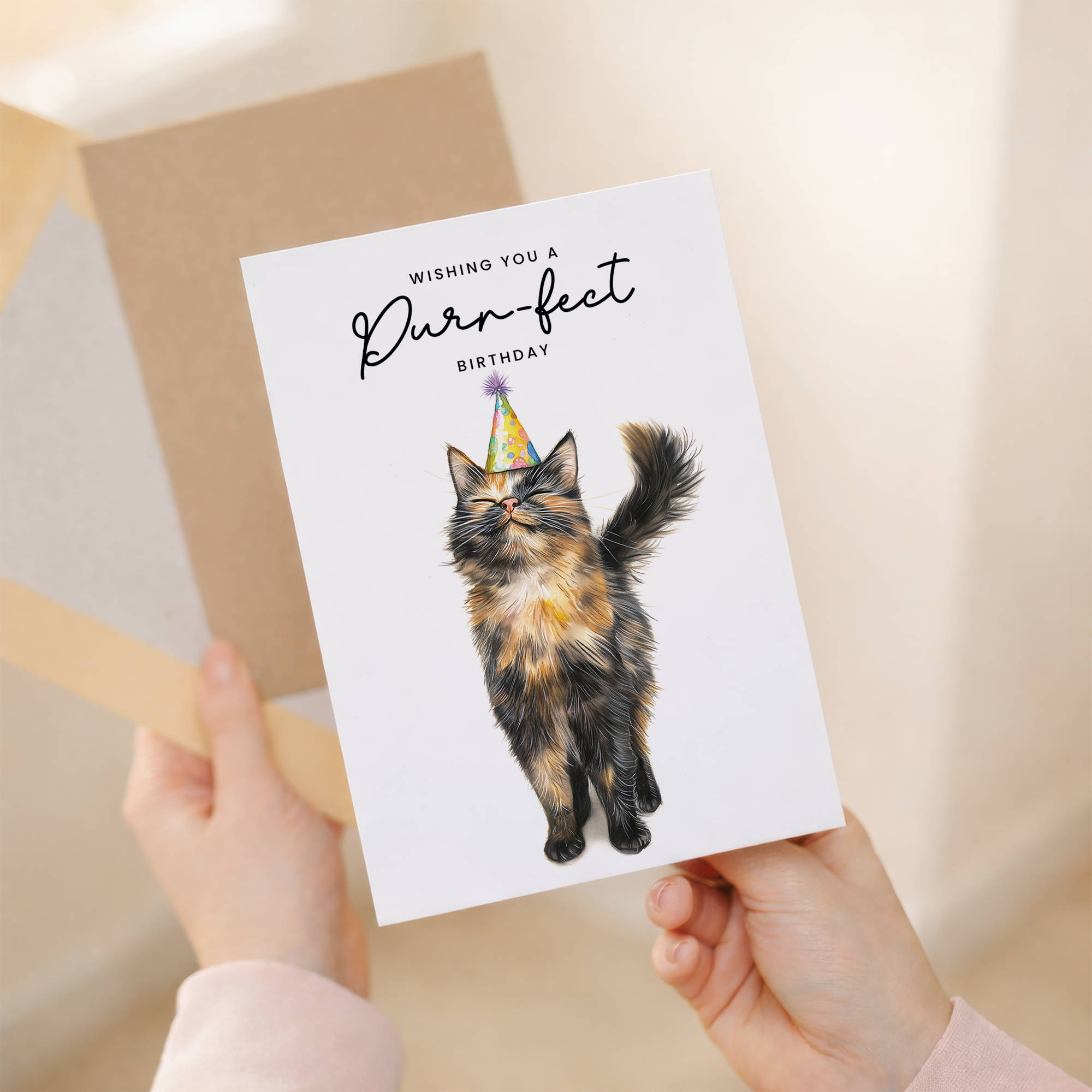 A birthday greeting card featuring an illustration of a cute tortoiseshell cat wearing a colorful party hat.