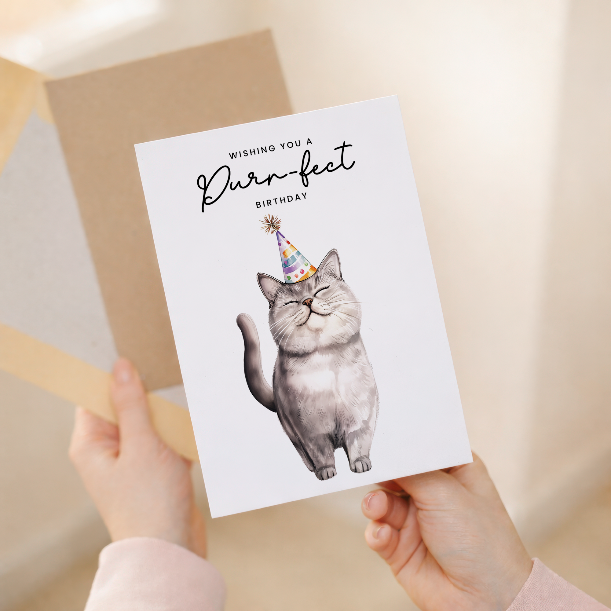 A portrait-oriented birthday card featuring an illustration of a grey British Shorthair cat wearing a colorful party hat, set against a plain background with the message "Wishing You a Purr-fect Birthday."