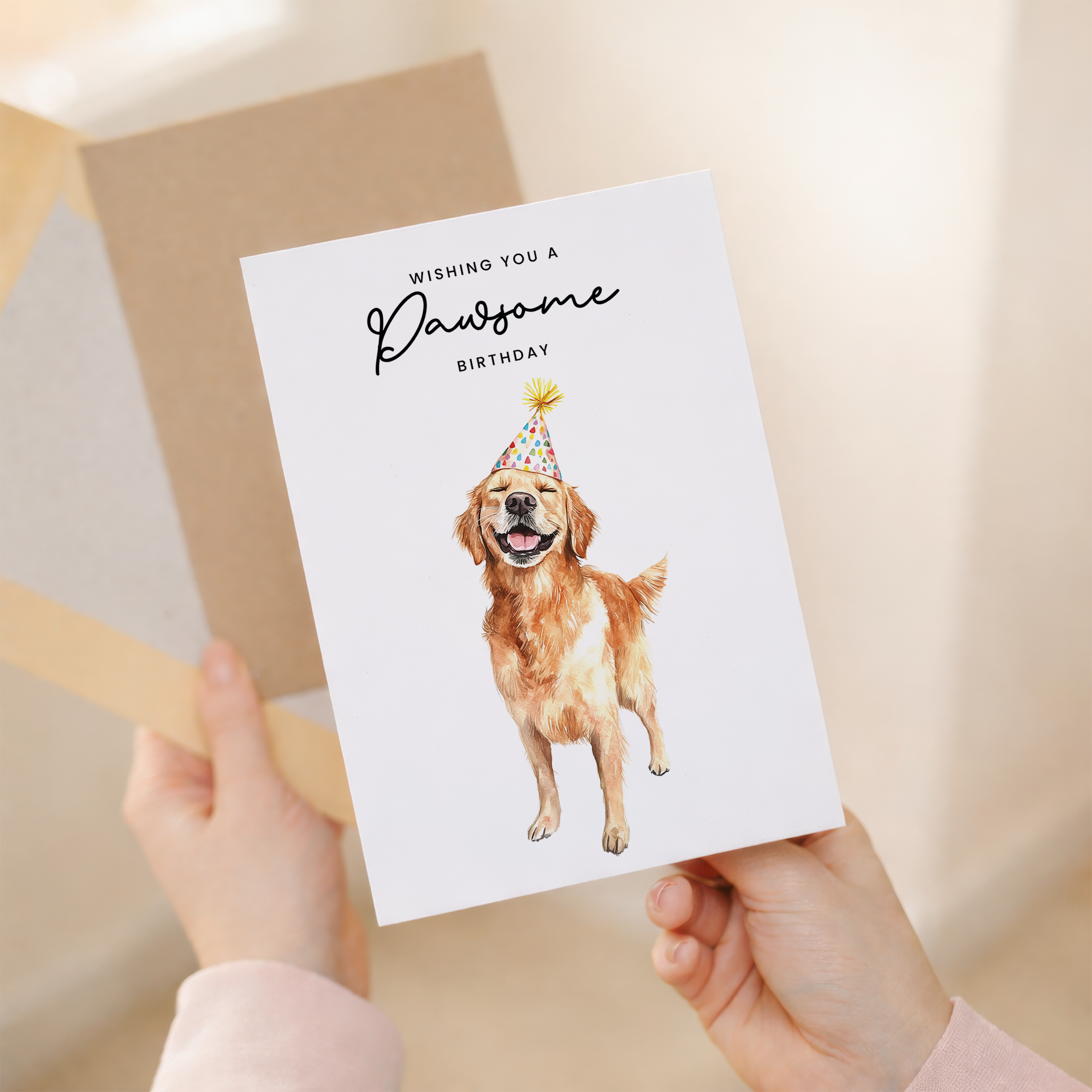 A Golden Retriever dog wearing a colorful, patterned party hat on a white background with the text Wishing You a Pawsome Birthday.