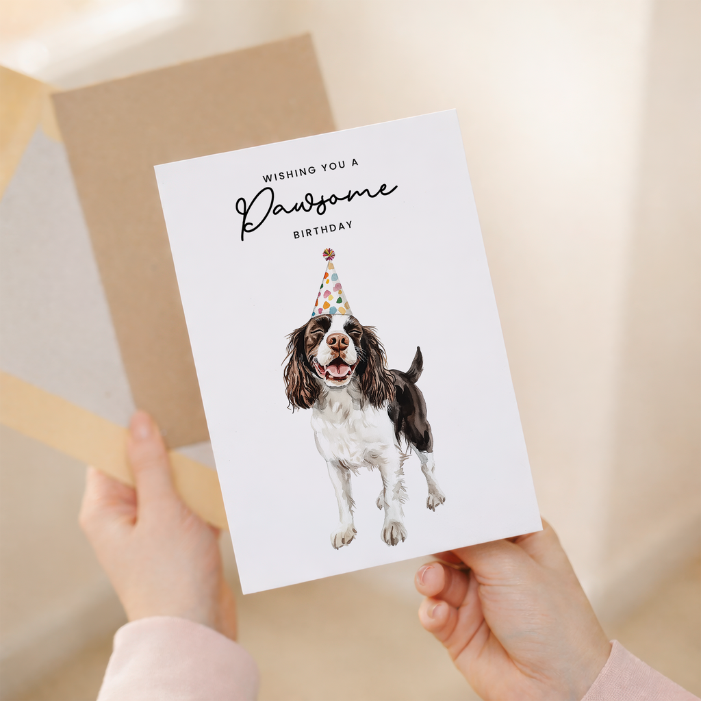 Charming illustration of a Springer Spaniel wearing a colorful party hat on a white background with a "Wishing You a Pawsome Birthday" greeting.
