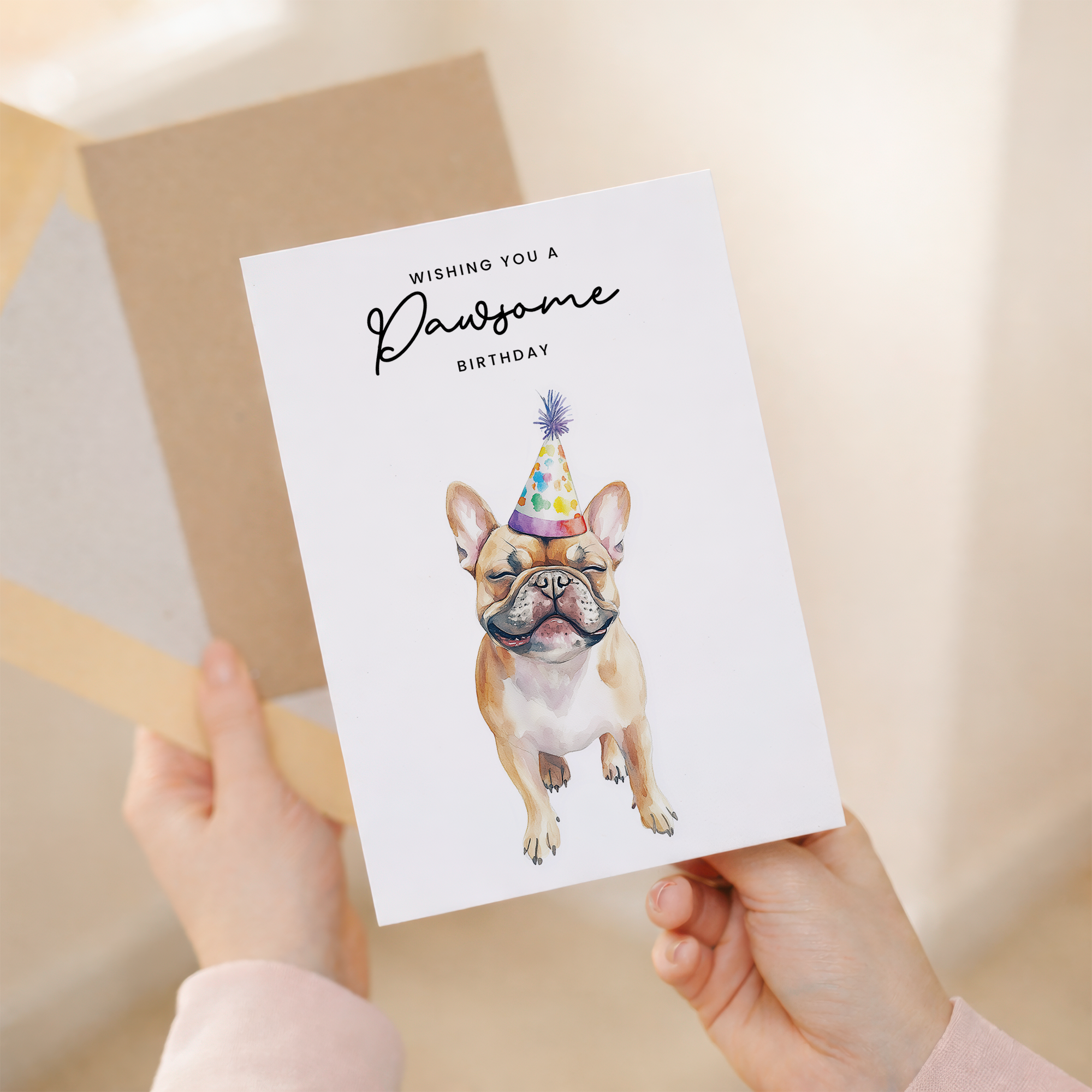 A cute French Bulldog wearing a colorful party hat on a birthday greeting card for dog lovers.