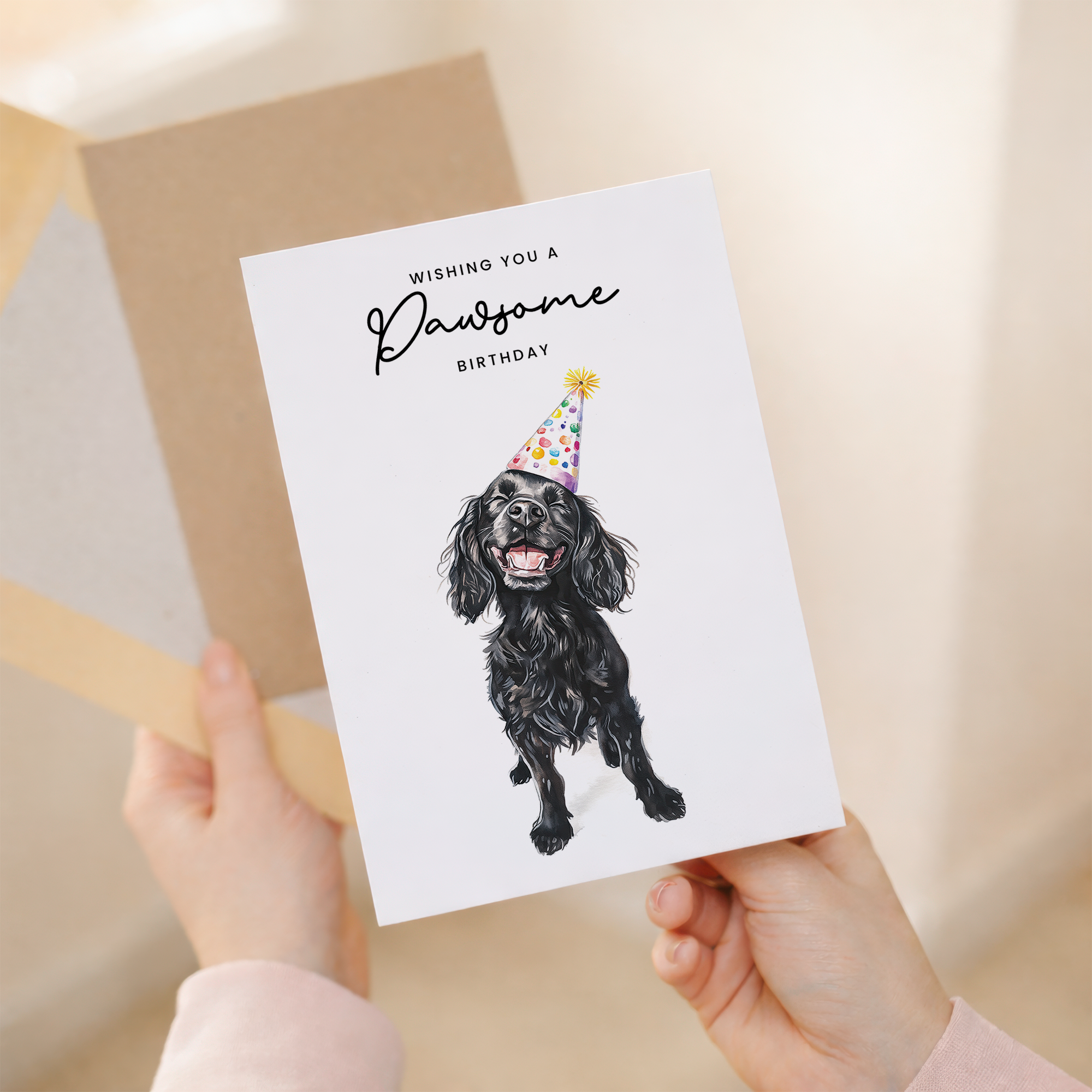 A portrait-oriented greeting card featuring an illustration of a Cocker Spaniel wearing a colorful party hat with the caption Wishing You a Pawsome Birthday.