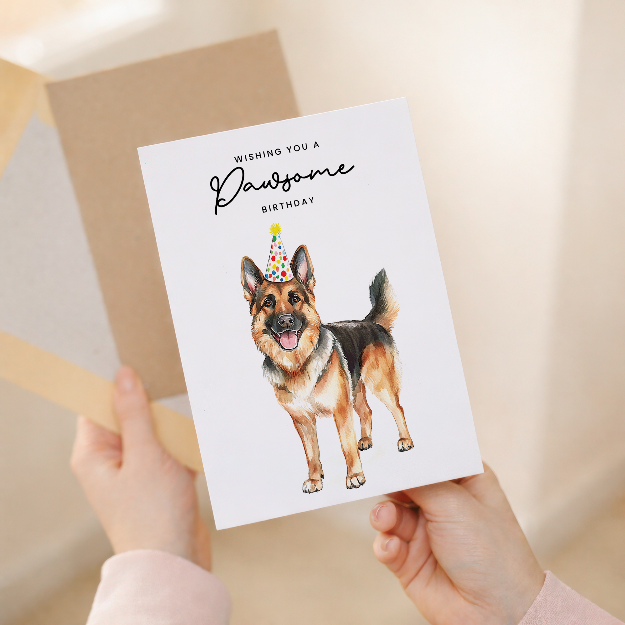 German Shepherd puppy wearing a colorful party hat surrounded by paw prints on a minimalist birthday greeting card.