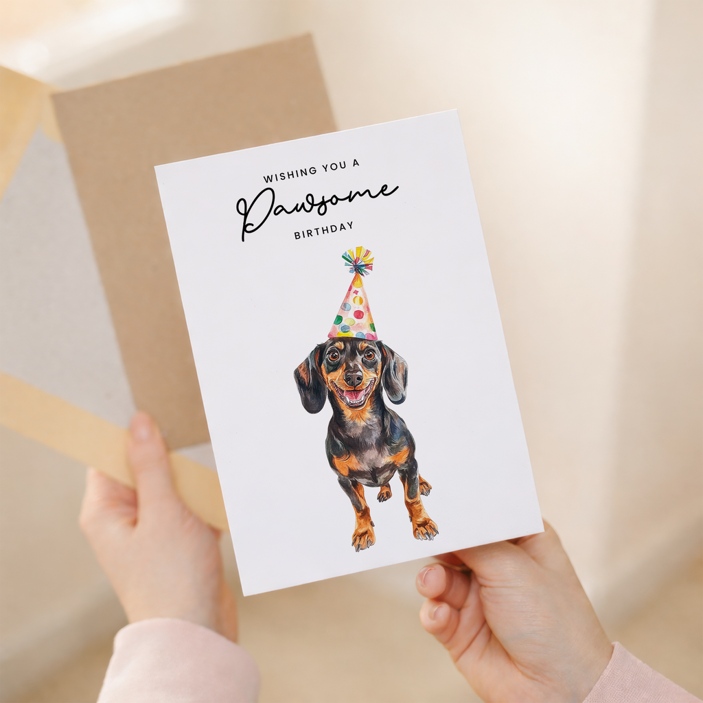 Dachshund Birthday Card – Sausage Dog Lover Card with Party Hat – Pawsome Birthday Greeting Card for Dog Owners