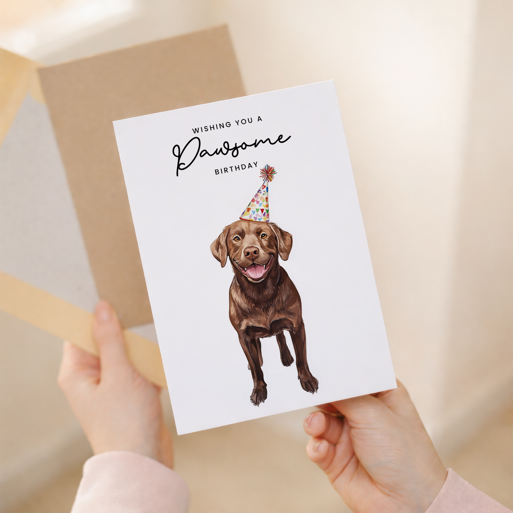 A chocolate Labrador retriever wearing a colorful party hat on a minimalist birthday card with the text Wishing You a Pawsome Birthday.