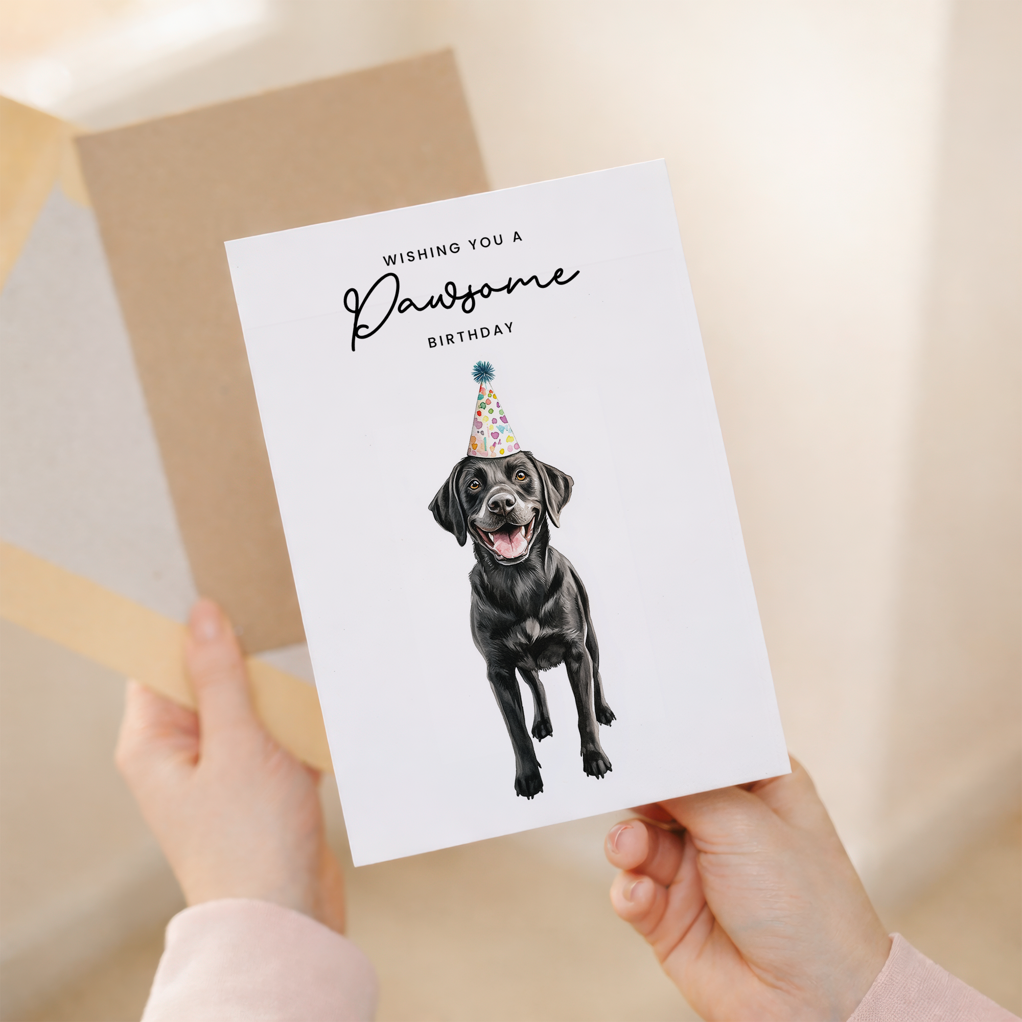 Illustration of a black labrador dog wearing a colorful party hat with the caption Wishing You a Pawsome Birthday.
