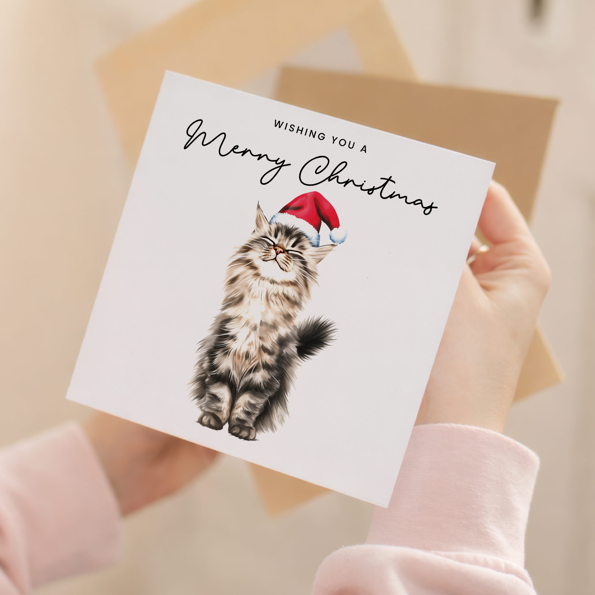 Fluffy Cat Christmas Card – Maine Coon Cat Lover Card – Eco Friendly “Merry Christmas” Card – Cute Pet Holiday Card