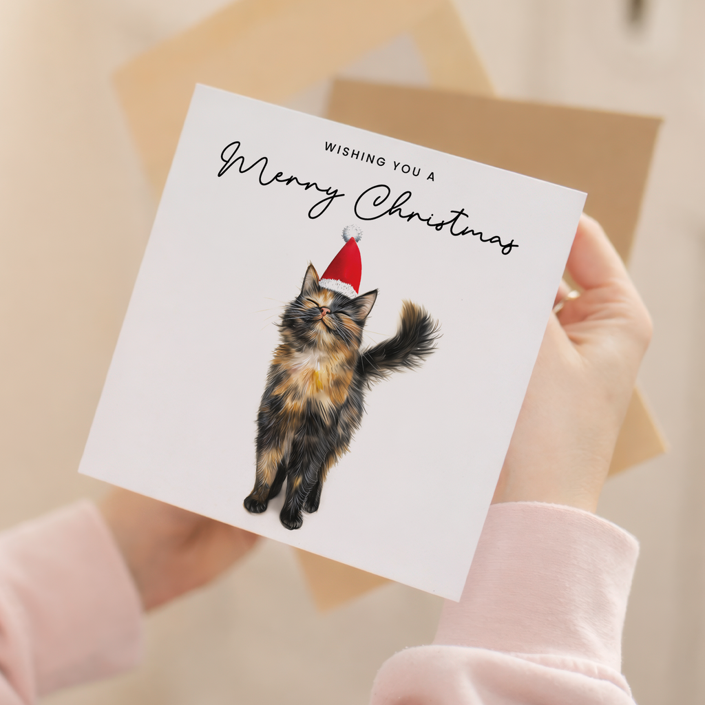 Tortoiseshell Cat Christmas Card – Cute Cat Lover Card – Eco Friendly “Merry Christmas” Card – Funny Pet Holiday Card