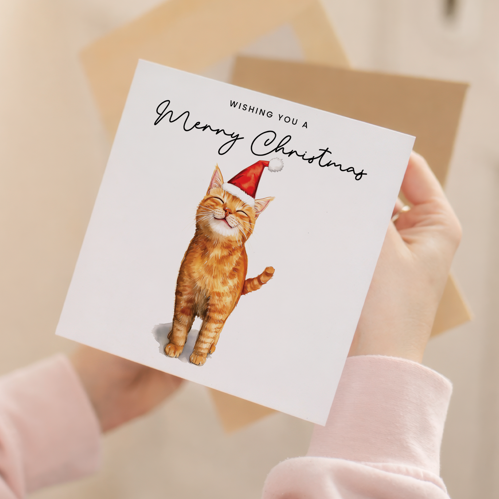 Ginger Cat Christmas Card – Cute Cat Lover Card – Eco Friendly “Merry Christmas” Card – Orange Tabby Cat Holiday Card
