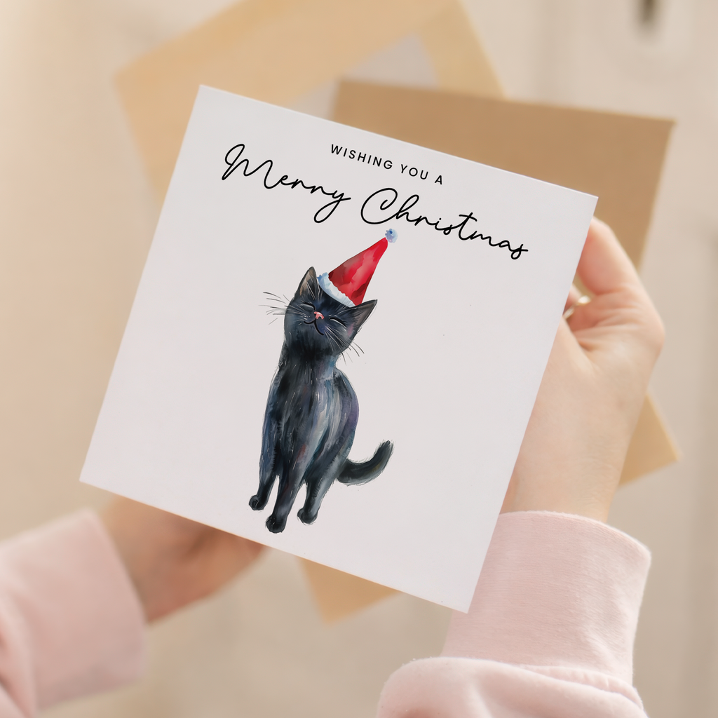 Black Cat Christmas Card – Cute Cat Lover Christmas Card – Eco Friendly “Merry Christmas” Card – Black Kitten Holiday Card