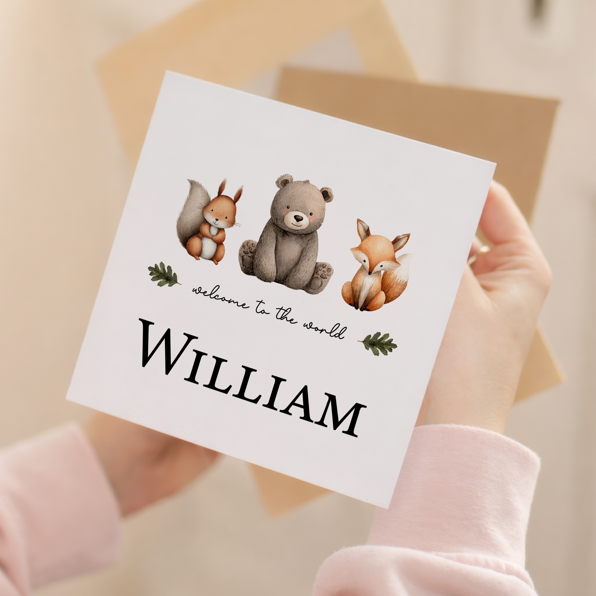 Personalised New Baby Card Woodland Creatures Cute Welcome To The World Card
