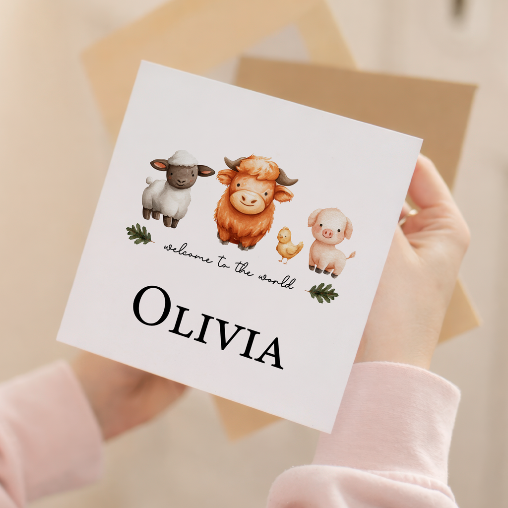 Personalised New Baby Card Farm Animals Cute Card For Boy or Girl