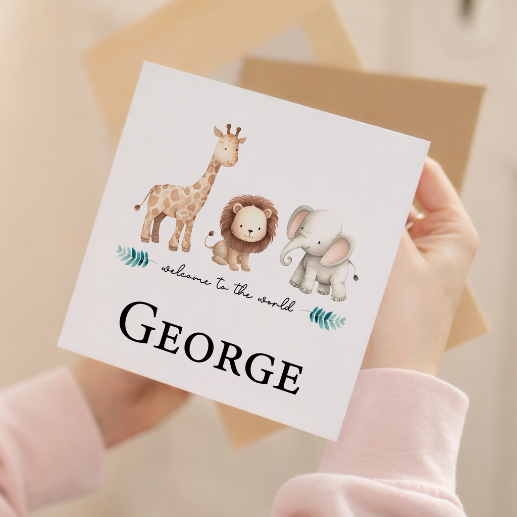 Personalised New Baby Card Safari Animals Cute For Boy or Girl