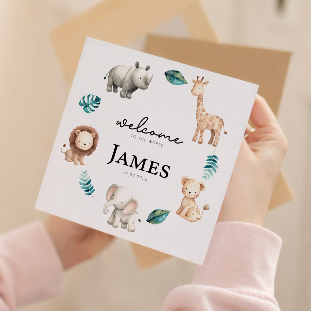 Personalised New Baby Card Safari Animals Cute Welcome To The World Card