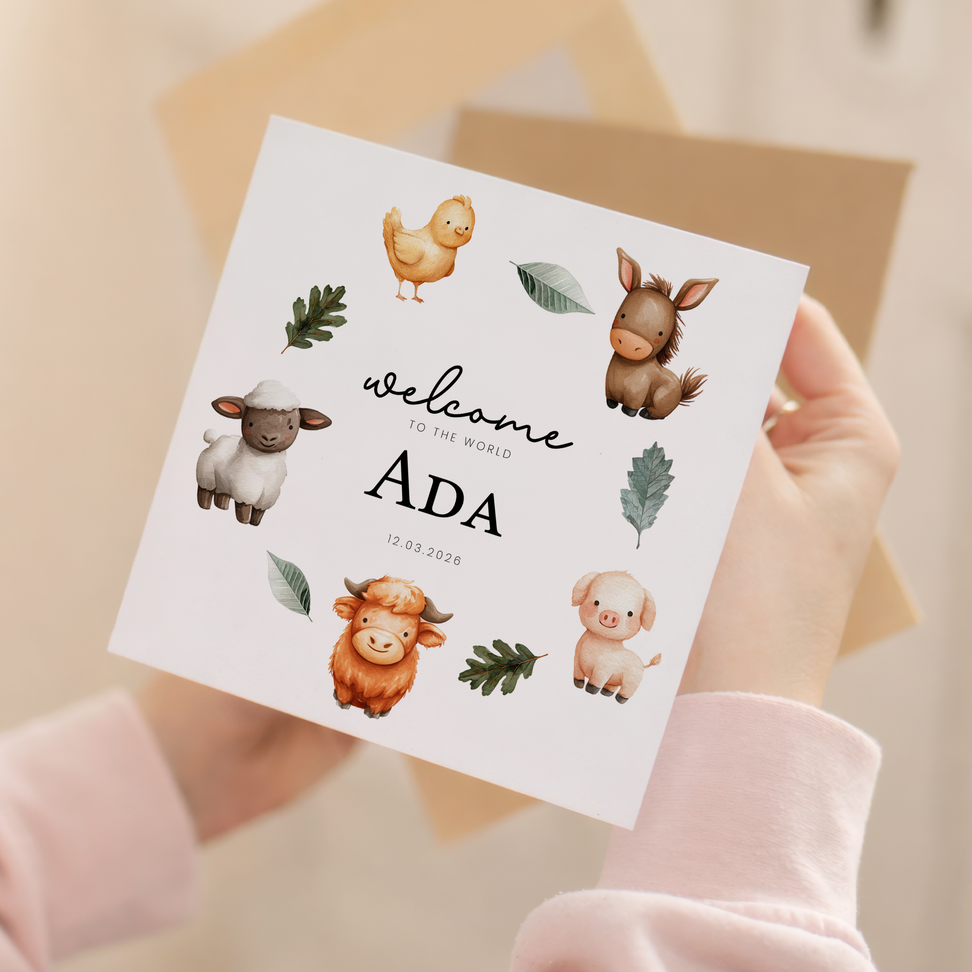 Personalised New Baby Card Farm Animals Cute Welcome To The World Card