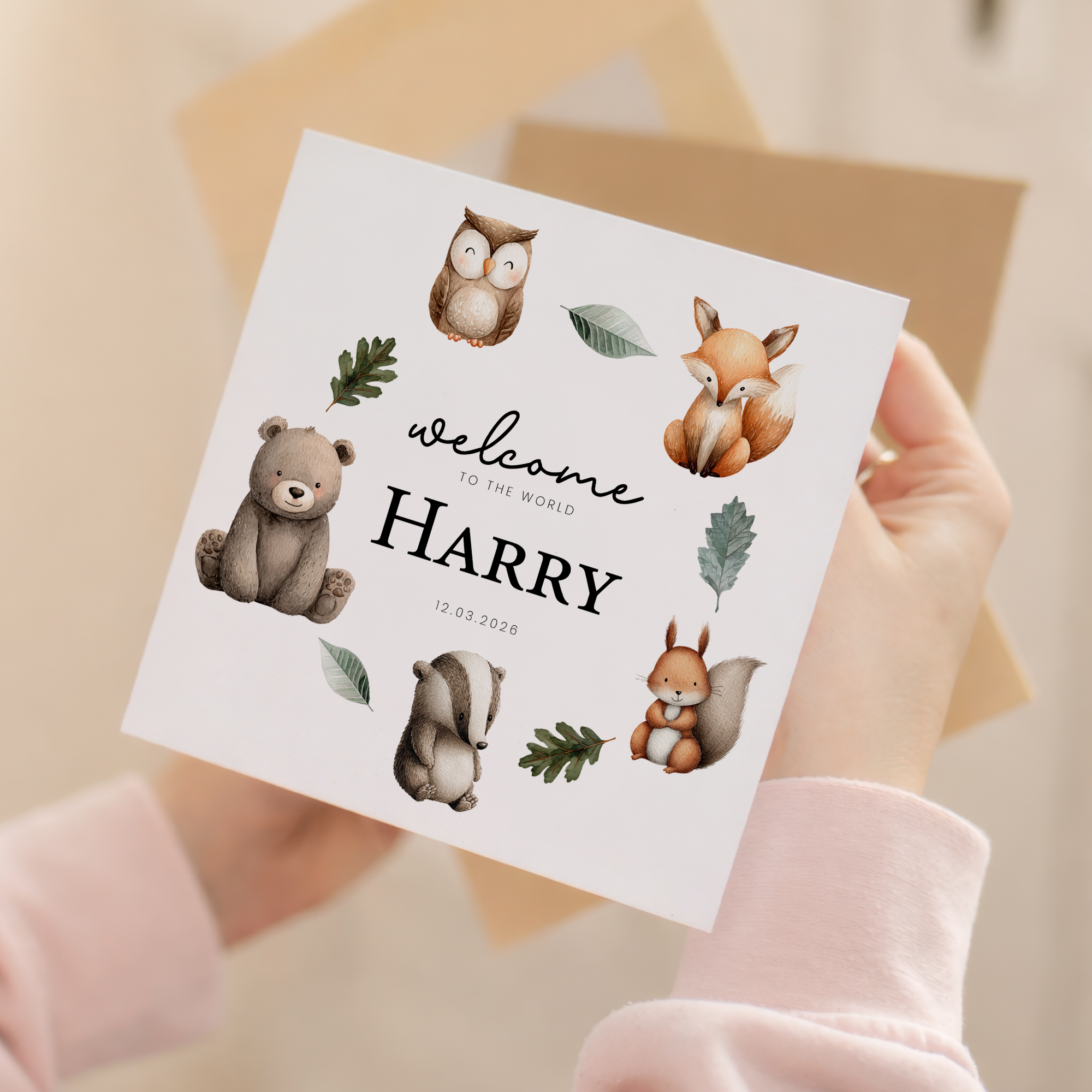 Personalised New Baby Card Woodland Animals Cute Welcome To The World Card