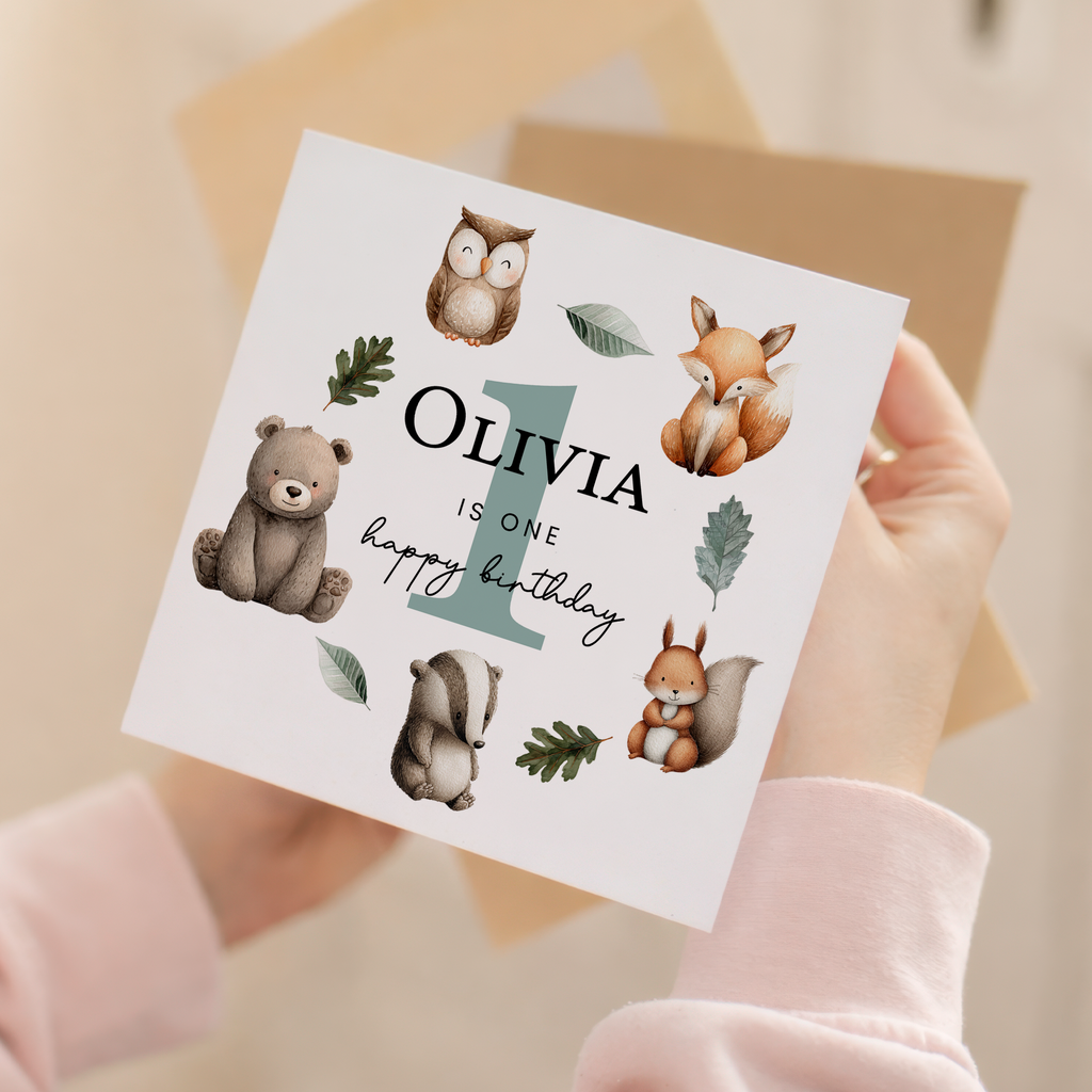 Personalised 1, 2, 3 Year Old Birthday Card For Boy of Girl Cute Woodland Animal Design
