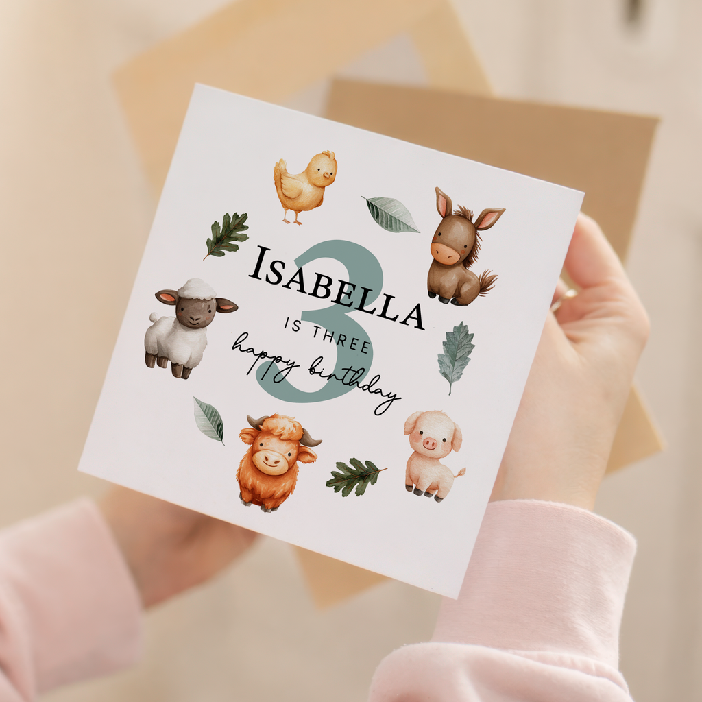 Personalised 1, 2, 3 Year Old Birthday Card For Boy of Girl Cute Farm Animal Design