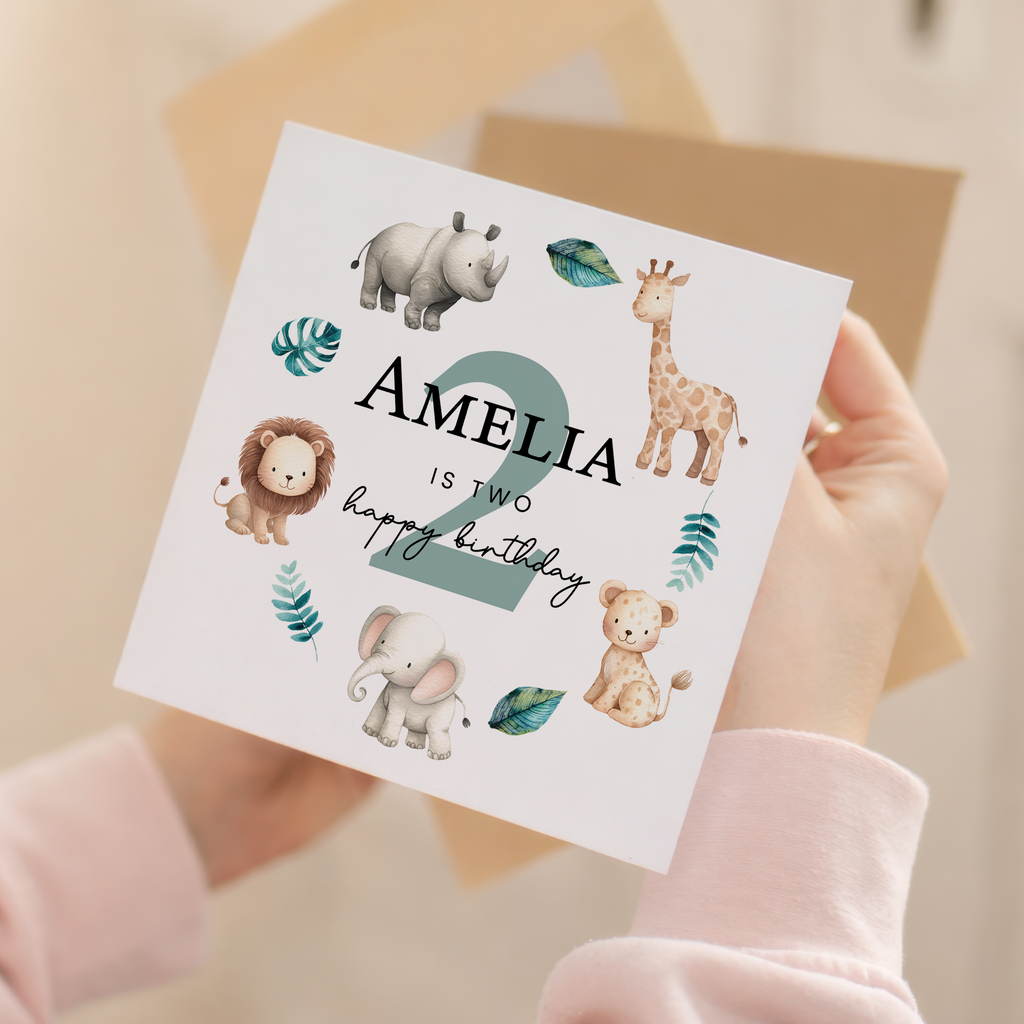 Personalised 1, 2, 3 Year Old Birthday Card For Boy of Girl Cute Safari Animal Design