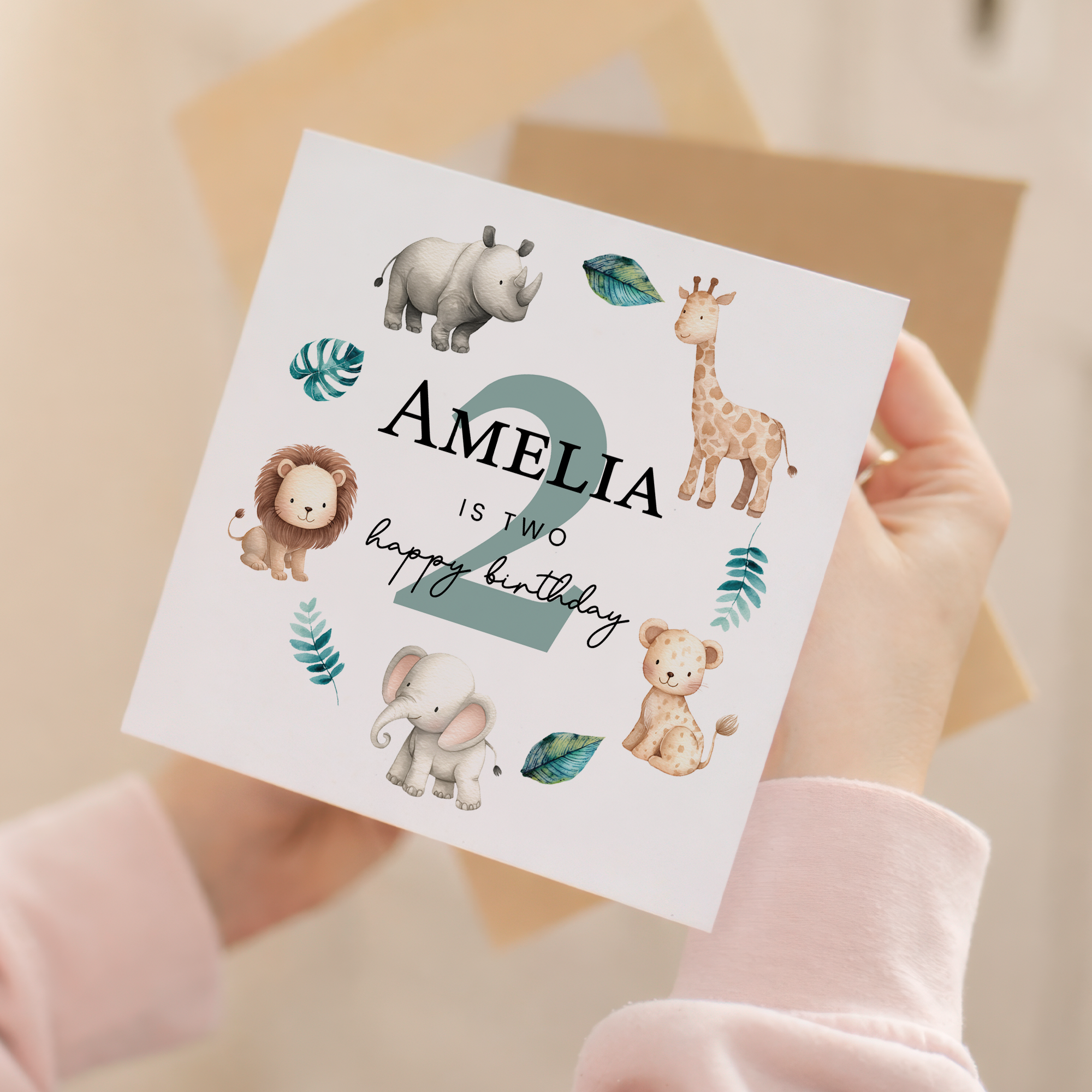 Personalised 1, 2, 3 Year Old Birthday Card For Boy of Girl Cute Safari Animal Design