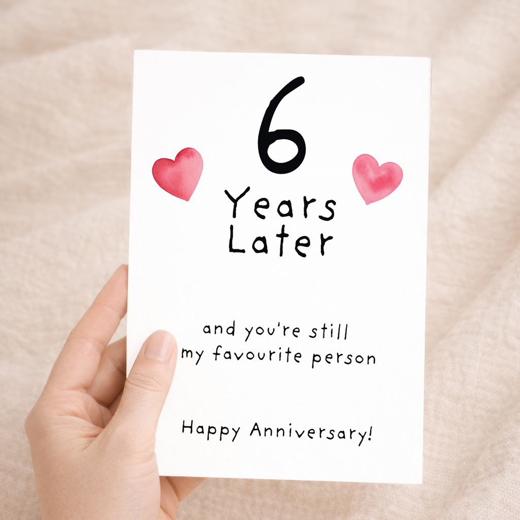 Elegant 6th Wedding Anniversary greeting card for a wife, husband, boyfriend, or girlfriend, featuring a clean design on sustainable recycled cardstock, paired with a rustic brown Kraft envelope.