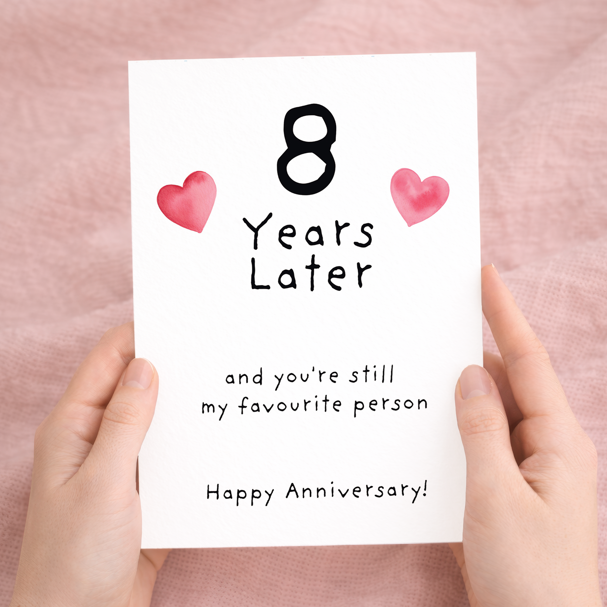 Charming 8th Wedding Anniversary greeting card for a wife, husband, or partner, printed on eco-friendly recycled cardstock and accompanied by a rustic brown Kraft envelope.
